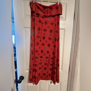 Boho print maxi skirt - red with aztec tribal design - Size M